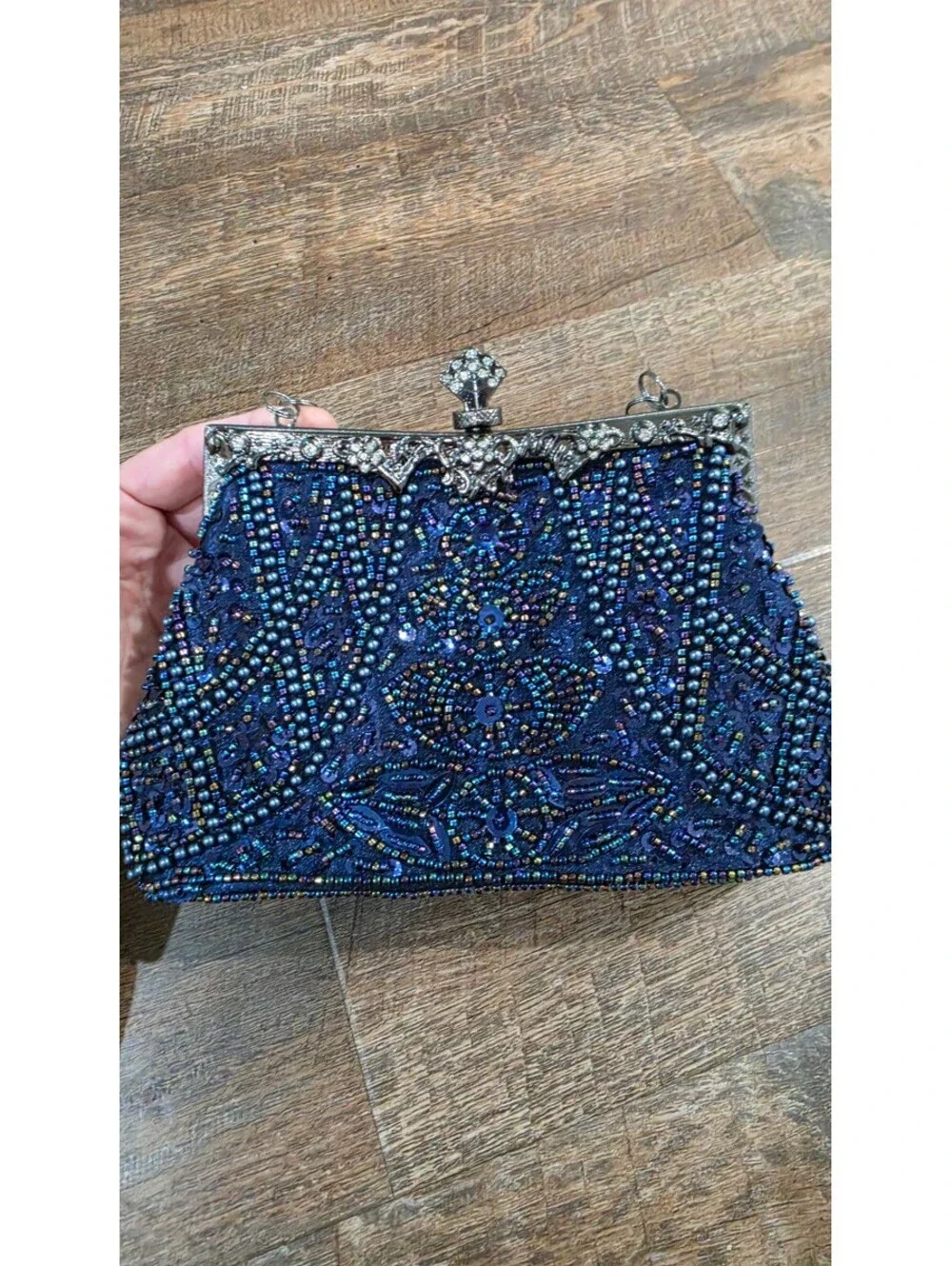 Elegant Blue Beaded Evening Clutch Purse with Silver Handle